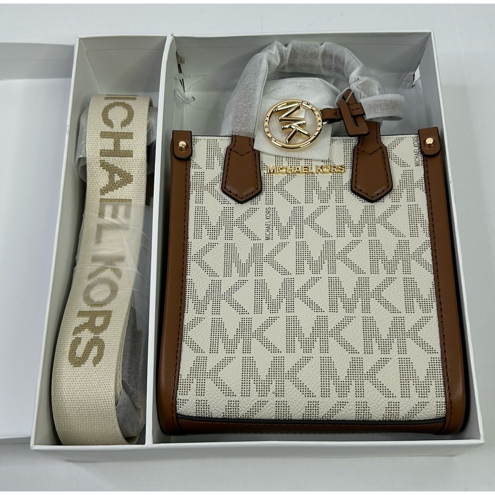 Michael Kors Extra Small Shopper Crossbody Bag Maple MK Logo Vanilla / Lugg NWT - Picture 1 of 16